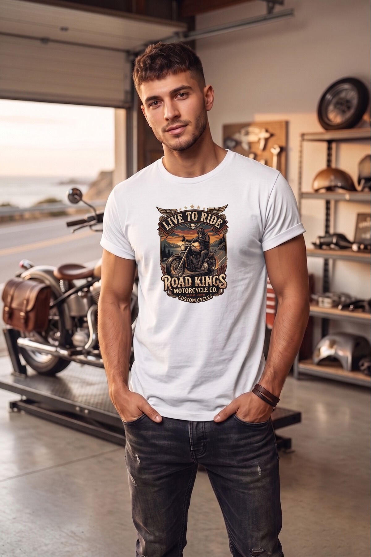 Unisex Vintage Road Kings Motosiklet Baskılı Özel Tasarım %100 Pamuklu Bisiklet Yaka Tişört T-shirt Beyaz - 3XL