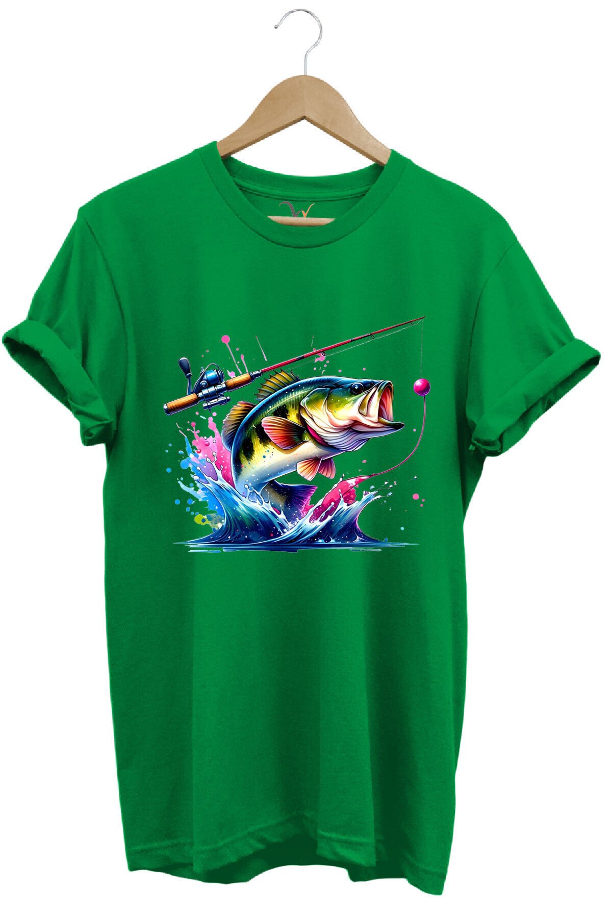 Fishing Balıkçılık Renkli Levrek Balığı Baskılı Avcılık %100 Pamuk Regular Fit Unisex T-Shirt Yeşil - M