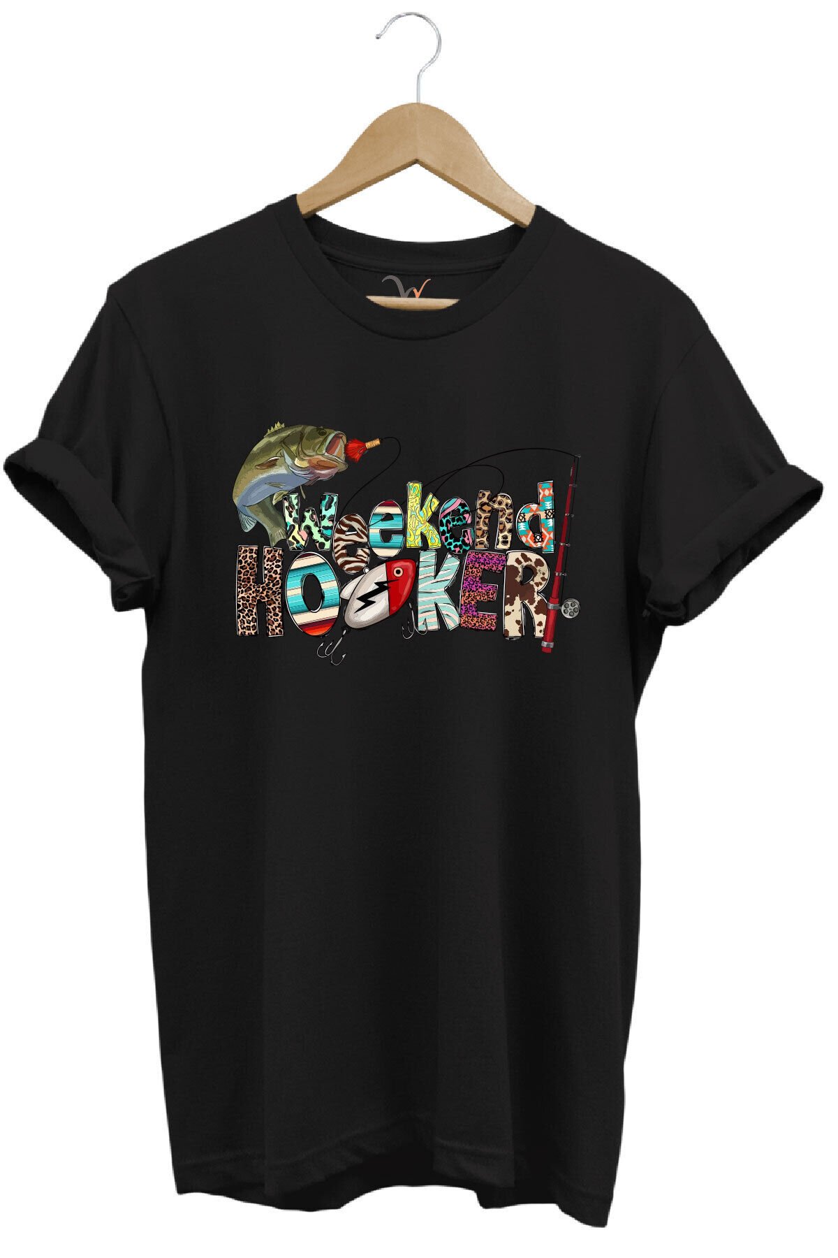Balıkçılık Wekeend Hooker Yazı Baskılı Balık ve Olta Takımı Desenli %100 Pamuk Regular Fit T-Shirt Siyah - 5XL
