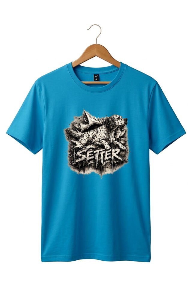 Unisex English Setter Köpek Baskılı Özel Tasarım Hunting Doğa %100 Pamuk Basic T-Shirt Turkuaz - S