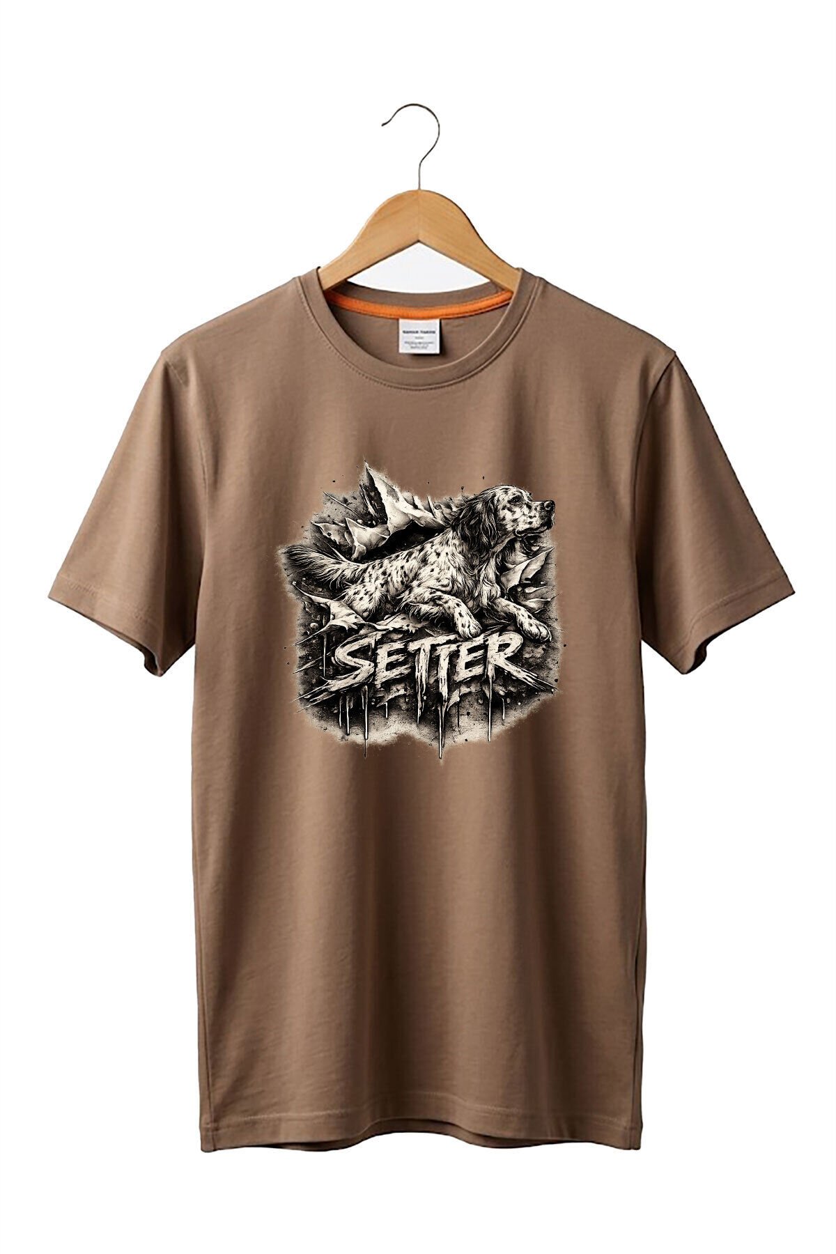 Unisex English Setter Köpek Baskılı Özel Tasarım Hunting Doğa %100 Pamuk Basic T-Shirt Açık Kahverengi - M