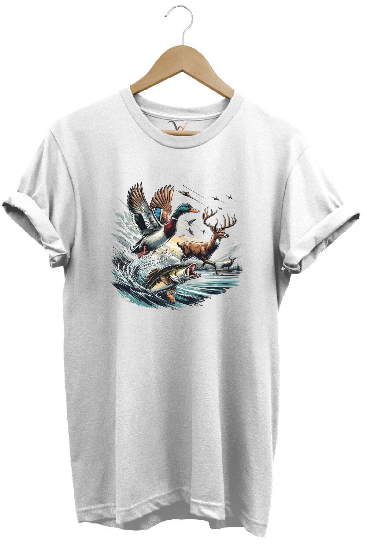 Avcılık Temalı Geyik, Ördek ve Balık Tasarımlı %100 Pamuk Unisex Regular Fit T-Shirt Beyaz - L