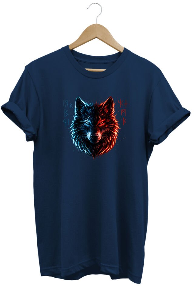 Unisex Göktürkçe Yazılı Neon Bozkurt Baskılı Sokak Stili Özel Tasarım Tişört Lacivert - XL