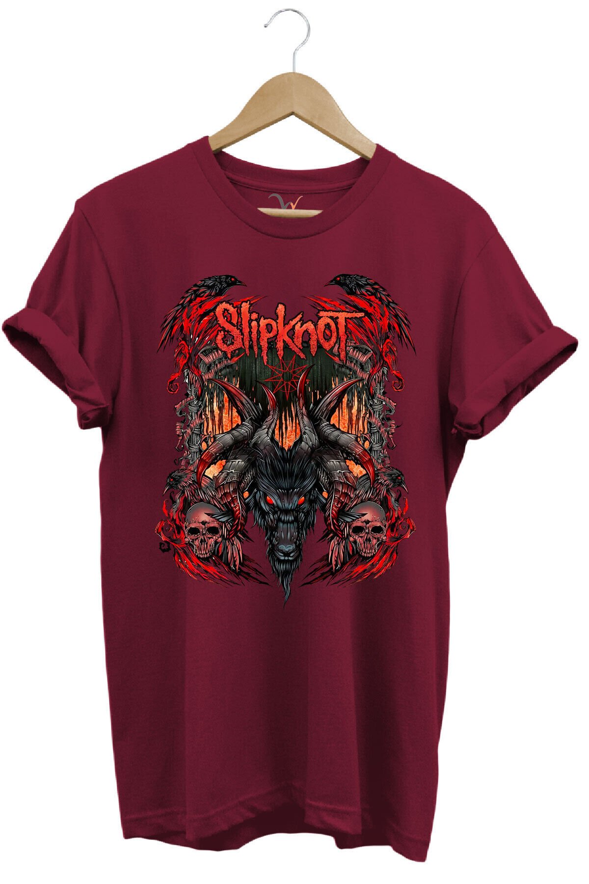 Slipknot Müzik Grubu Rock Metal Baskılı Punk Keçi ve Kafatası Tasarımlı Basic Regular Fit T-shirt Bordo - XL