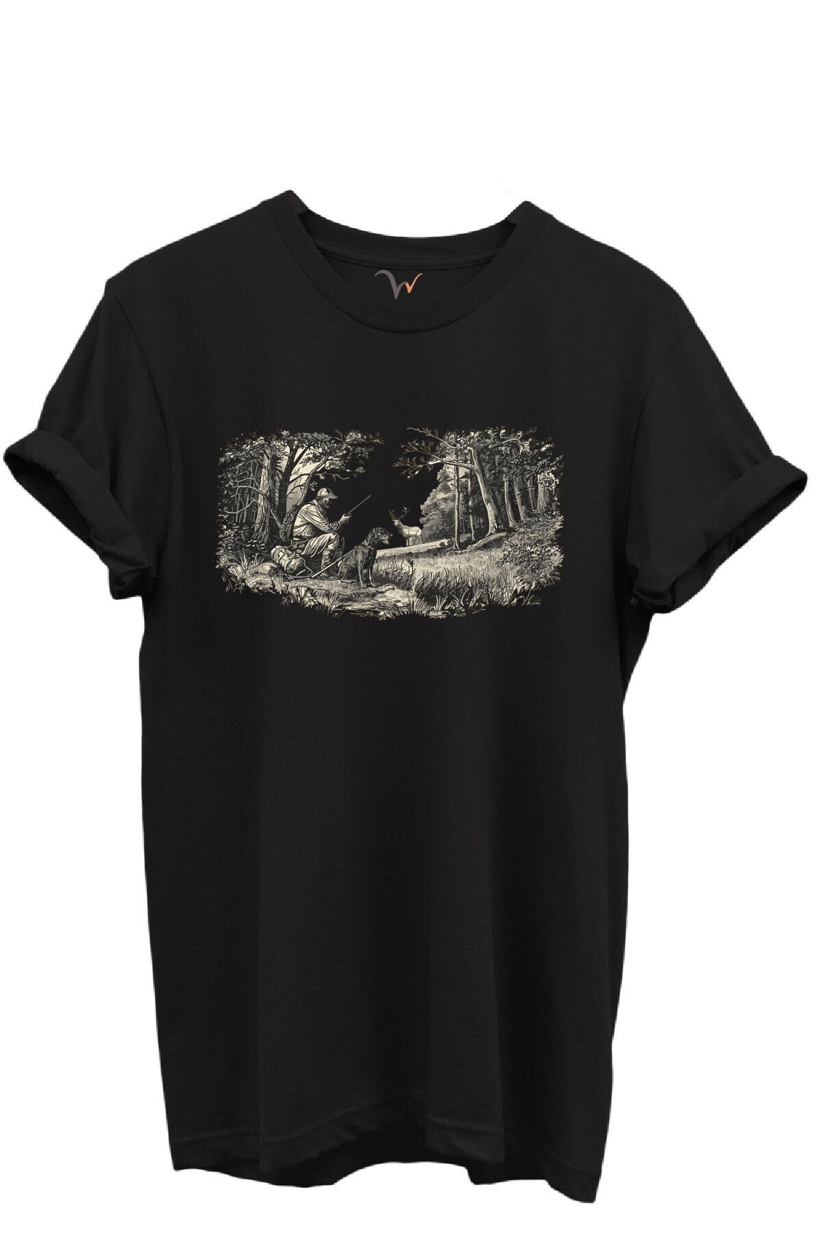 Doğa ve Avcılık Konseptli Orman Sahnesi Baskılı %100 Pamuk Regular Fit Bisiklet Yaka Unisex T-shirt Siyah - L
