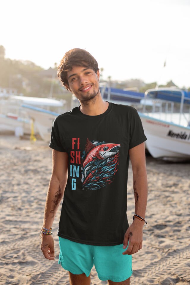 Fishing Balıkçılık Kırmızı Somon Balığı Baskılı %100 Pamuk Regular Fit Siyah T-shirt Siyah - 5XL
