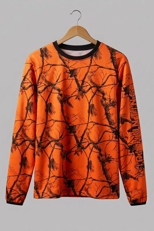 Outdoor Turuncu Kamuflaj Desenli Orman ve Çulluk Baskılı Kışlık Uzun Kollu Avcı Sweatshirt
