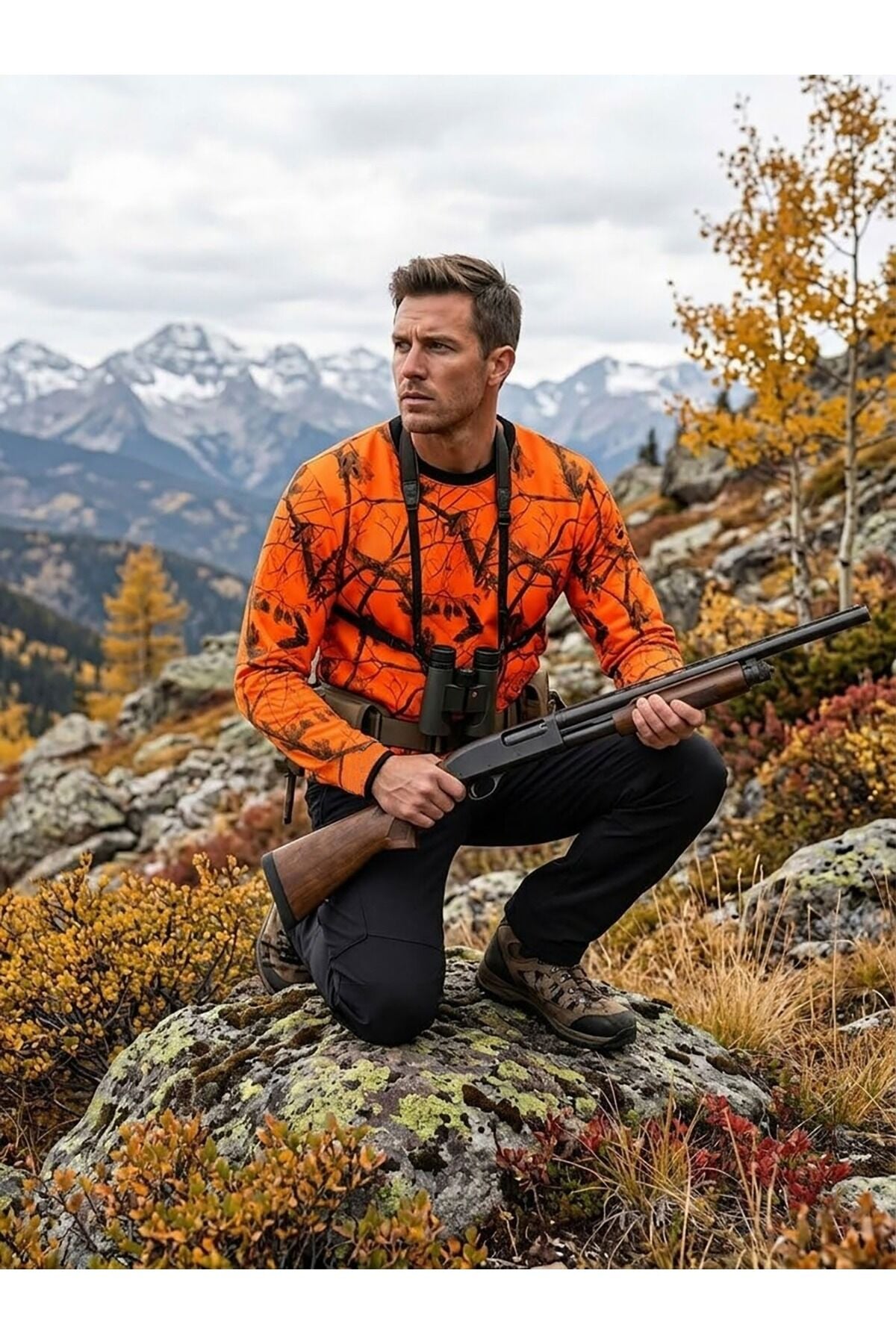 Outdoor Turuncu Kamuflaj Desenli Orman ve Çulluk Baskılı Kışlık Uzun Kollu Avcı Sweatshirt