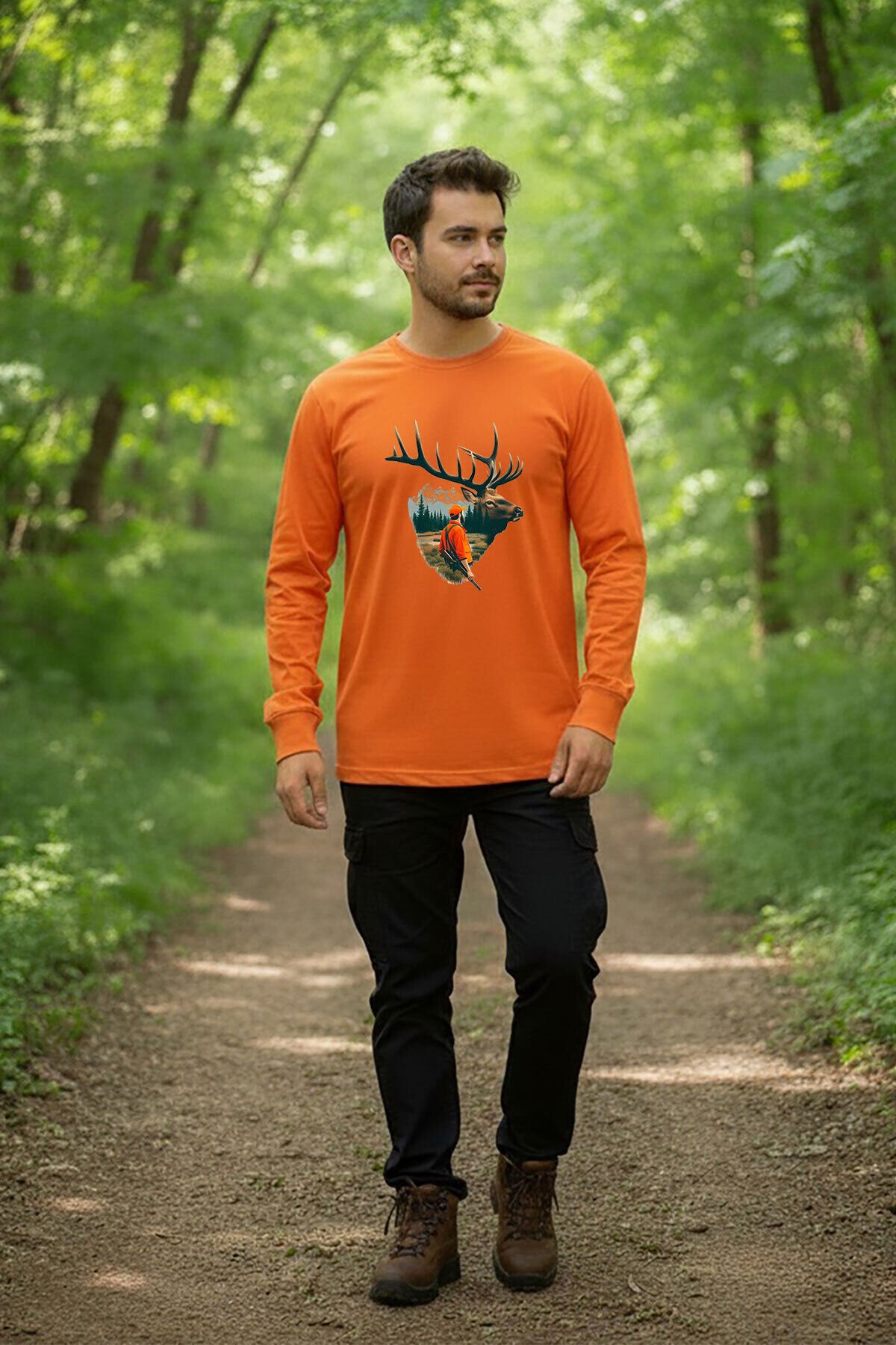Doğa Avcılık Geyik Ve Avcı Tema Baskılı Regular Fit Turuncu Bisiklet Yaka Uzun Kollu T-Shirt Turuncu - XL
