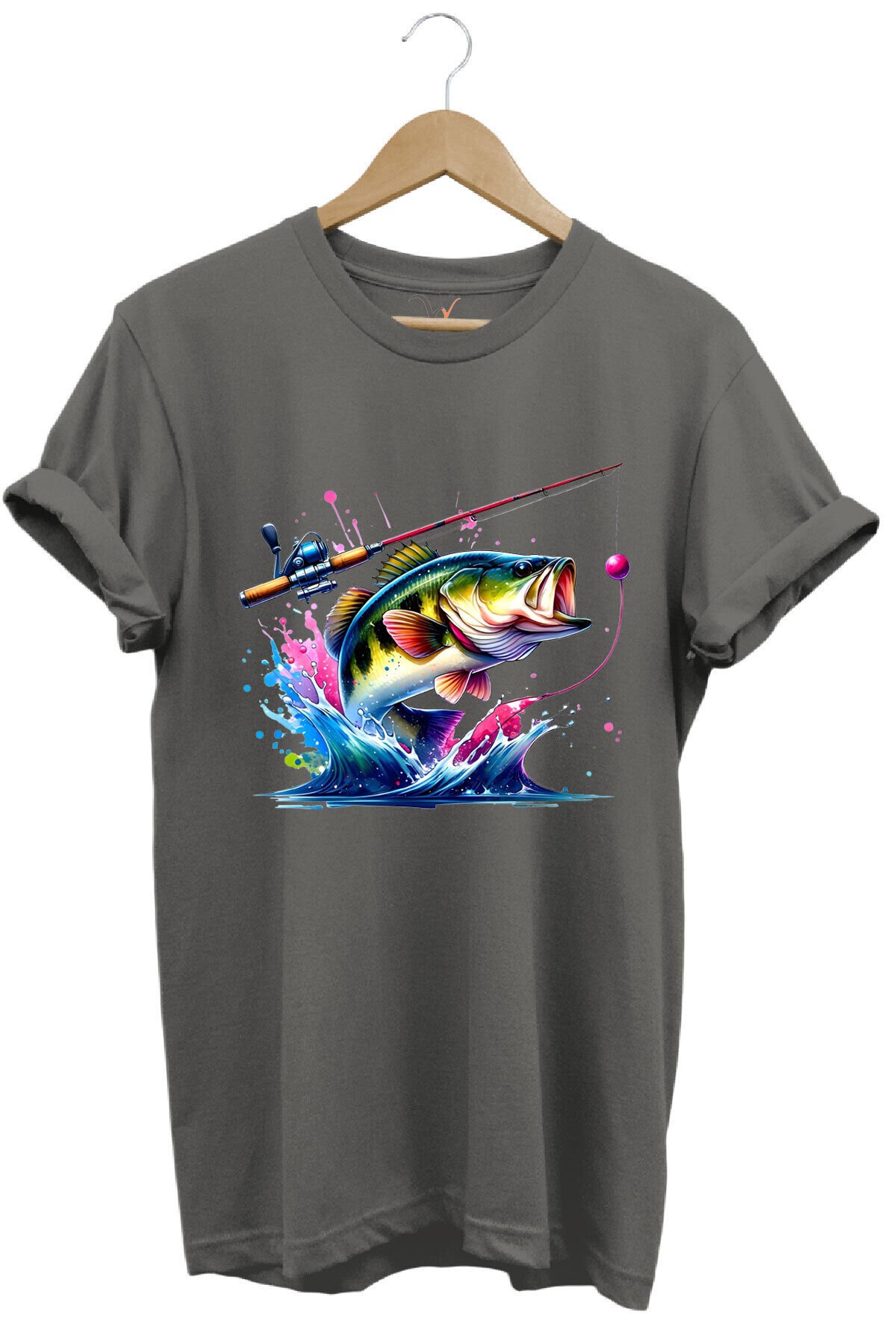 Fishing Balıkçılık Renkli Levrek Balığı Baskılı Avcılık %100 Pamuk Regular Fit Unisex T-Shirt Gri - S