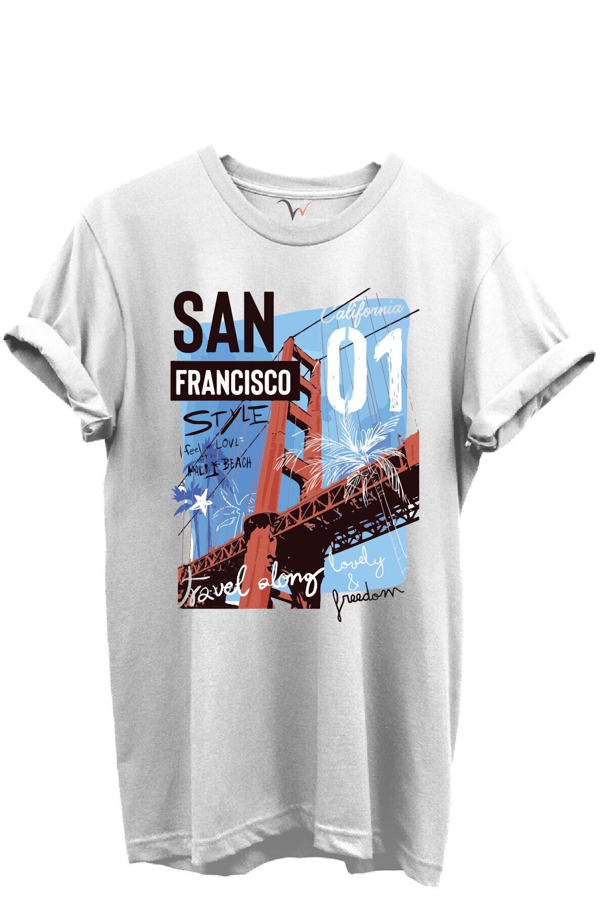 San Francisco California Yazılı Golden Gate Köprüsü Baskılı %100 Pamuk Regular Fit Unisex T-Shirt Beyaz - 2XL