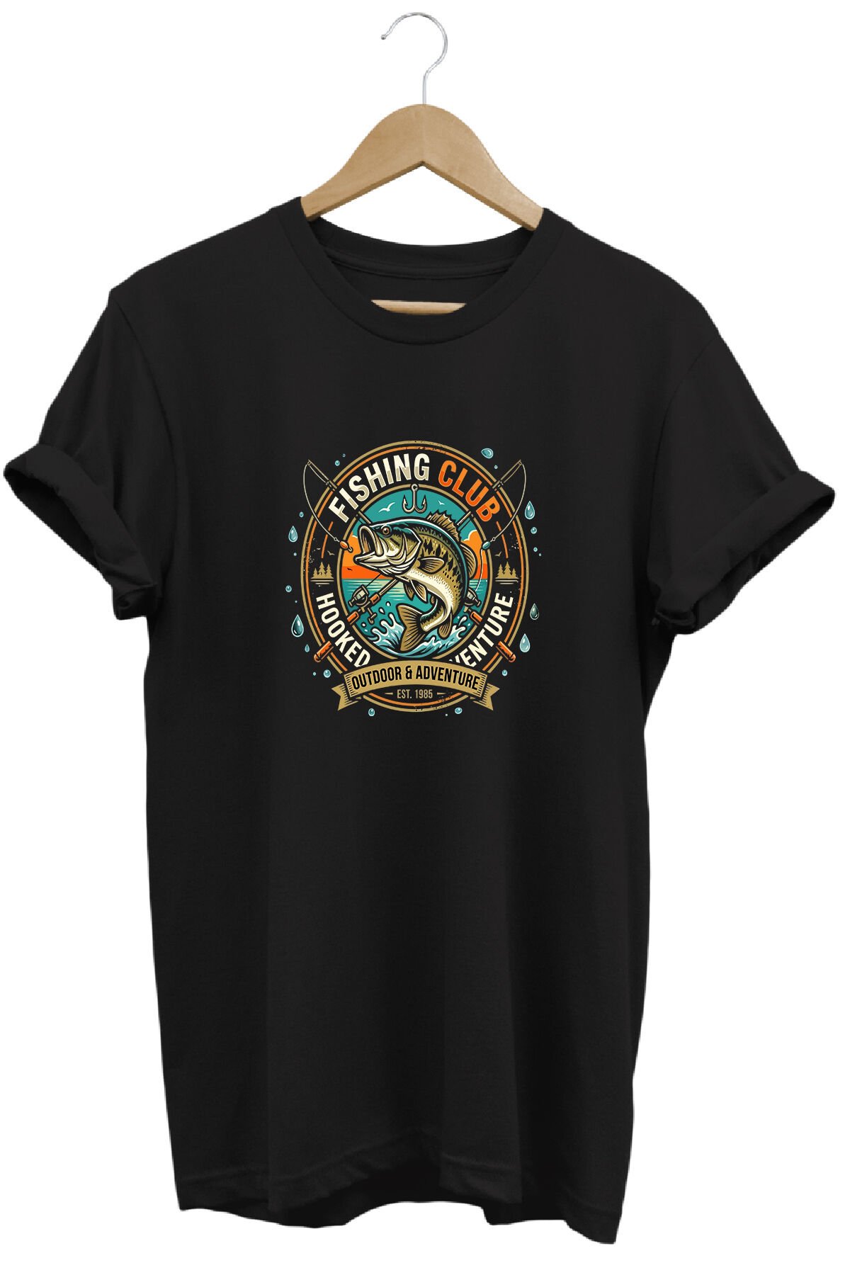 Vintage Balıkçı Kulübü Baskılı Olta ve Doğa Tişörtü Outdoor Giyim Siyah - 3XL