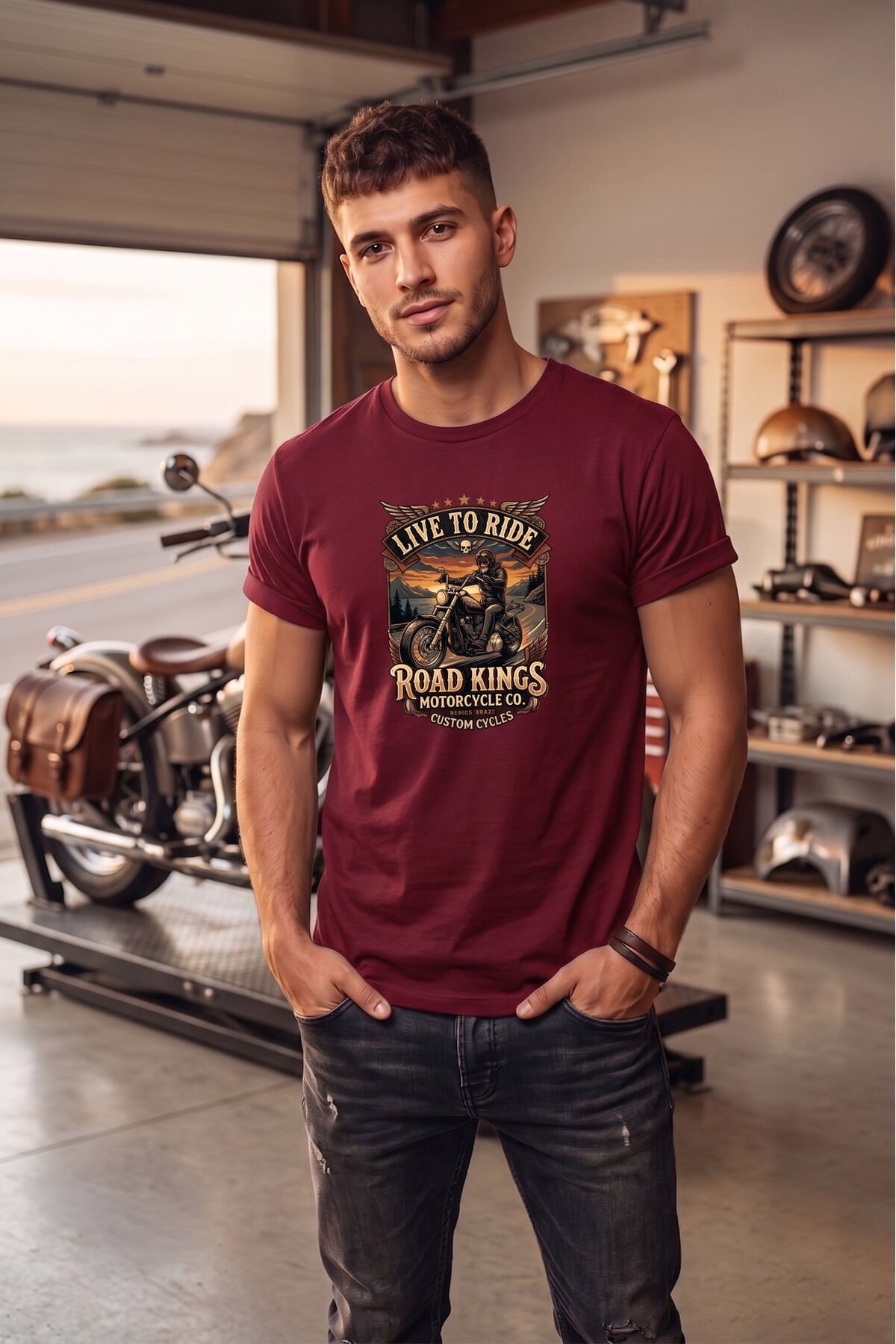 Unisex Vintage Road Kings Motosiklet Baskılı Özel Tasarım %100 Pamuklu Bisiklet Yaka Tişört T-shirt Bordo - XL