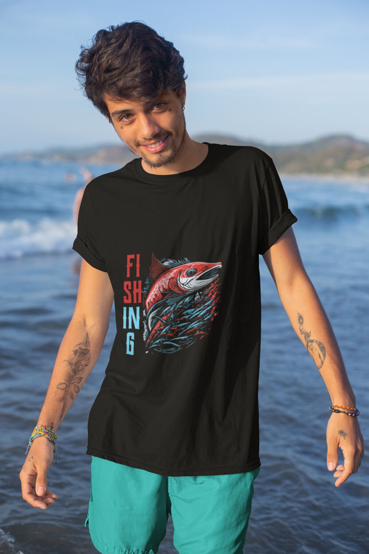Fishing Balıkçılık Kırmızı Somon Balığı Baskılı %100 Pamuk Regular Fit Siyah T-shirt Siyah - XL