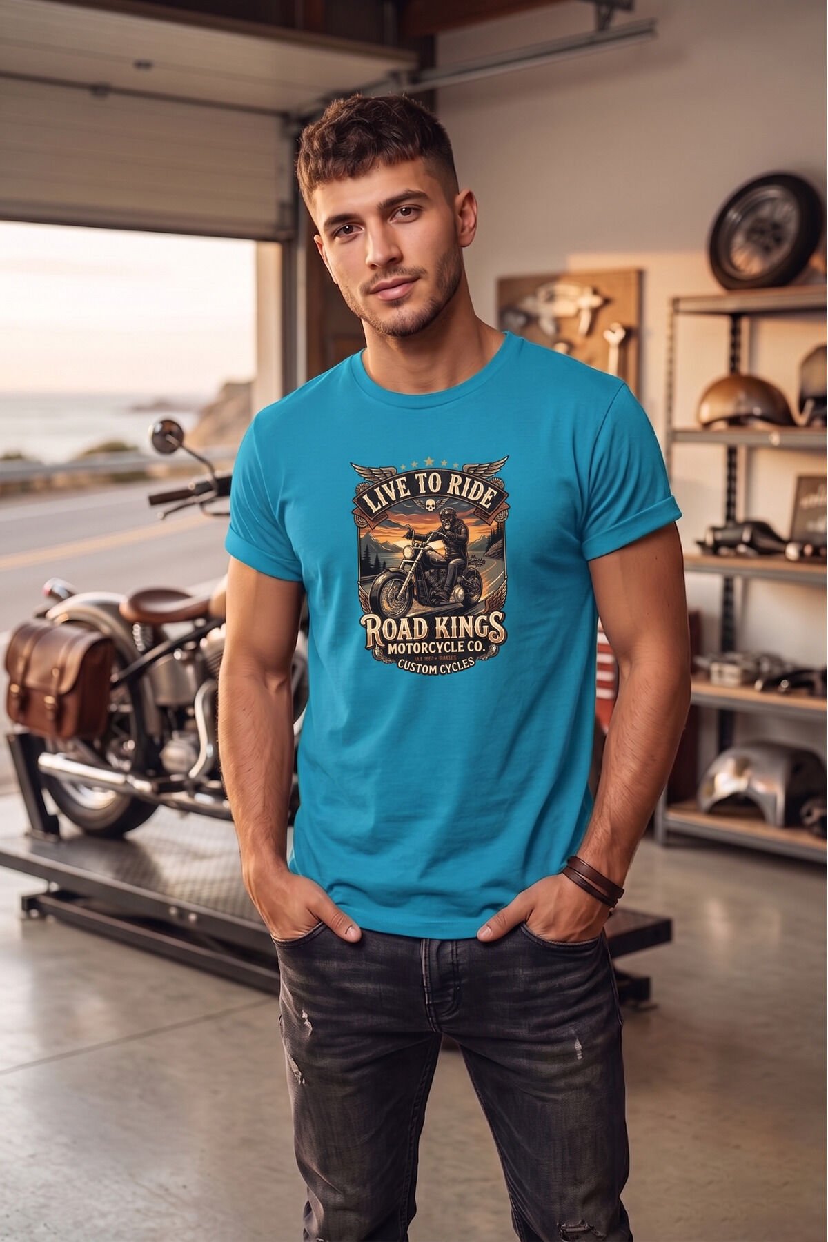 Unisex Vintage Road Kings Motosiklet Baskılı Özel Tasarım %100 Pamuklu Bisiklet Yaka Tişört T-shirt Turkuaz - XL
