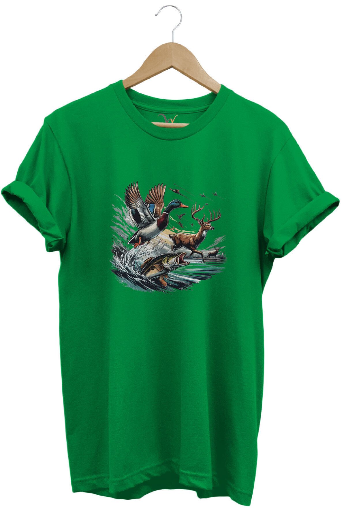Avcılık Temalı Geyik, Ördek ve Balık Tasarımlı %100 Pamuk Unisex Regular Fit T-Shirt Yeşil - M