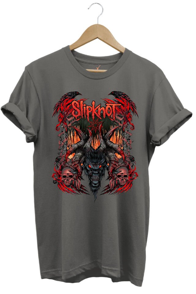 Slipknot Müzik Grubu Rock Metal Baskılı Punk Keçi ve Kafatası Tasarımlı Basic Regular Fit T-shirt Gri - 2XL