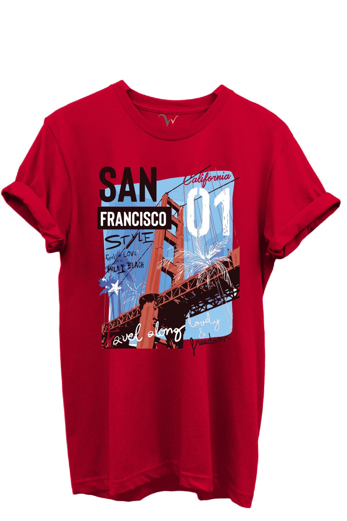 San Francisco California Yazılı Golden Gate Köprüsü Baskılı %100 Pamuk Regular Fit Unisex T-Shirt Kırmızı - L