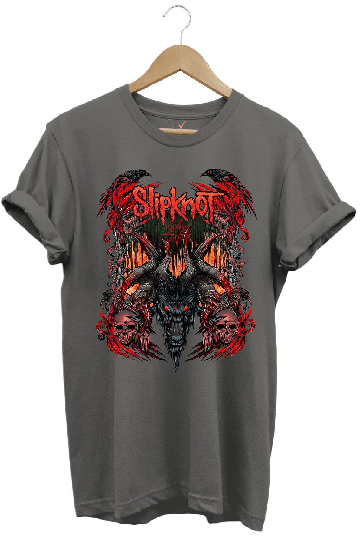 Slipknot Müzik Grubu Rock Metal Baskılı Punk Keçi ve Kafatası Tasarımlı Basic Regular Fit T-shirt Gri - M