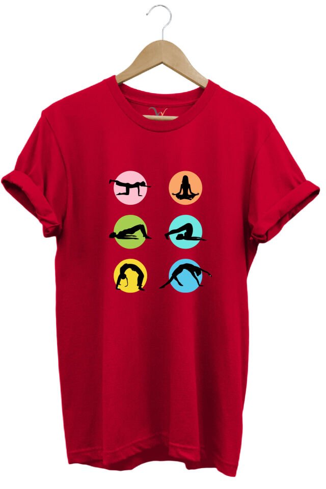 Yoga Meditasyon Hareketleri Baskılı %100 Pamuk Regular Fit Bisiklet Yaka Mavi T-shirt Kırmızı - 3XL