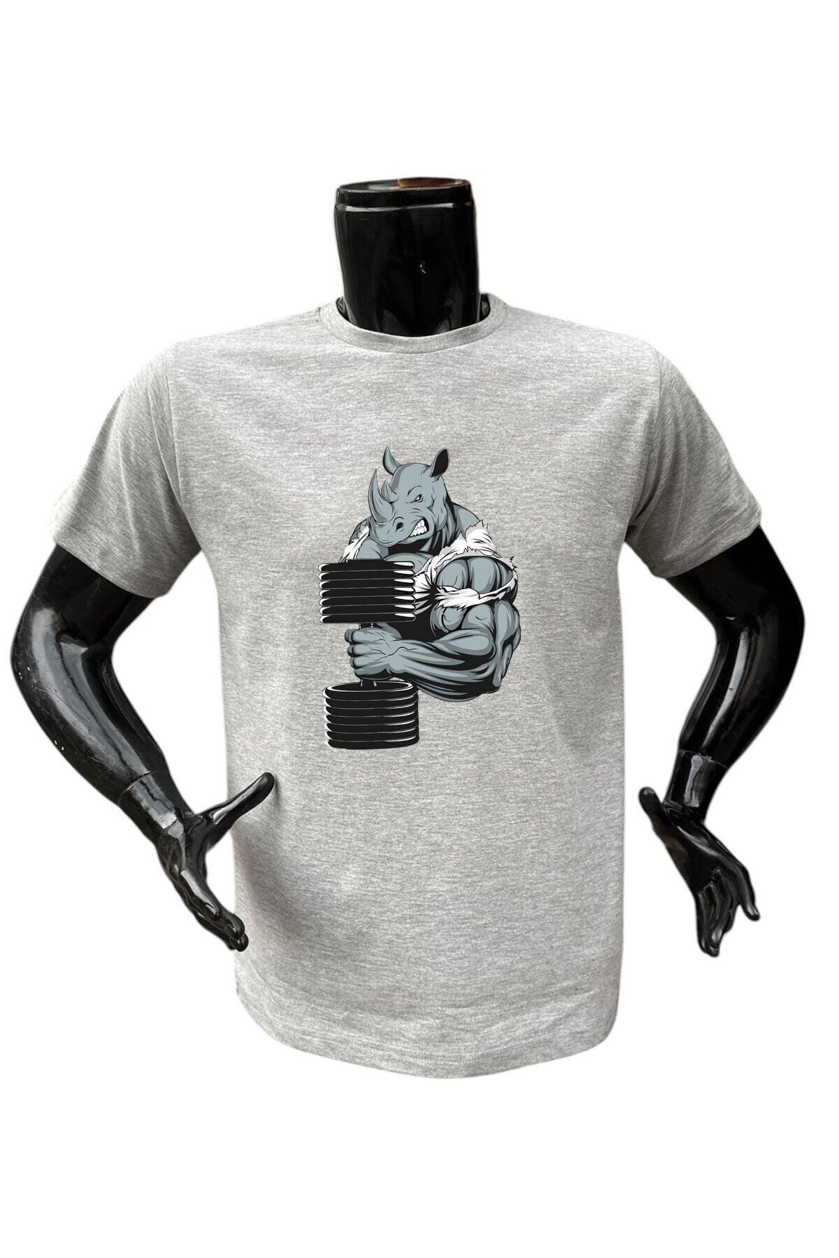 Gym Fitness Dumbell Kaldıran Boğa Sporcu Baskılı Regular Fit %100 Pamuk Gri Gri T-shirt Gri - L