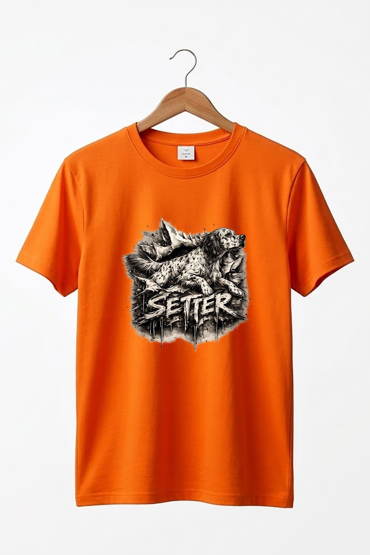Unisex English Setter Köpek Baskılı Özel Tasarım Hunting Doğa %100 Pamuk Basic T-Shirt Turuncu - 2XL