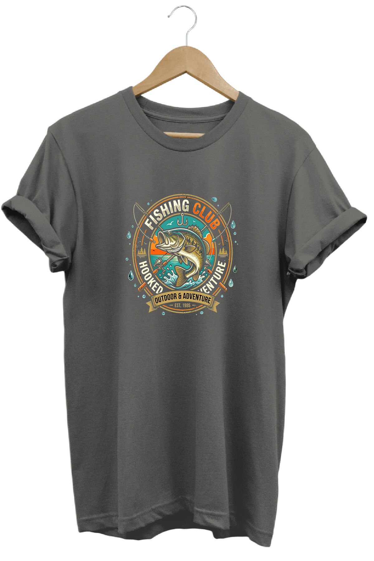Vintage Balıkçı Kulübü Baskılı Olta ve Doğa Tişörtü Outdoor Giyim Gri Melanj - L