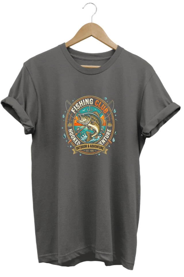 Vintage Balıkçı Kulübü Baskılı Olta ve Doğa Tişörtü Outdoor Giyim Gri Melanj - L