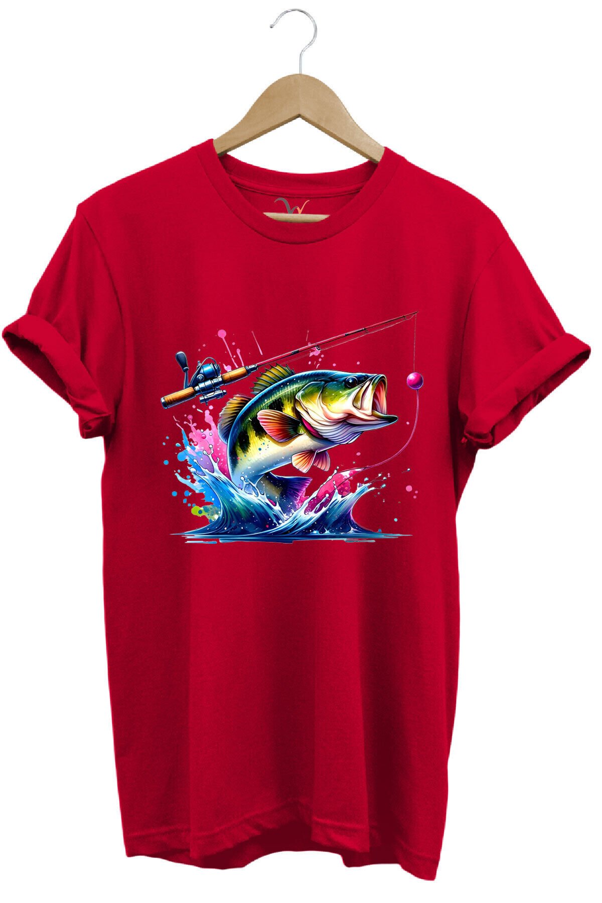 Fishing Balıkçılık Renkli Levrek Balığı Baskılı Avcılık %100 Pamuk Regular Fit Unisex T-Shirt Kırmızı - 2XL