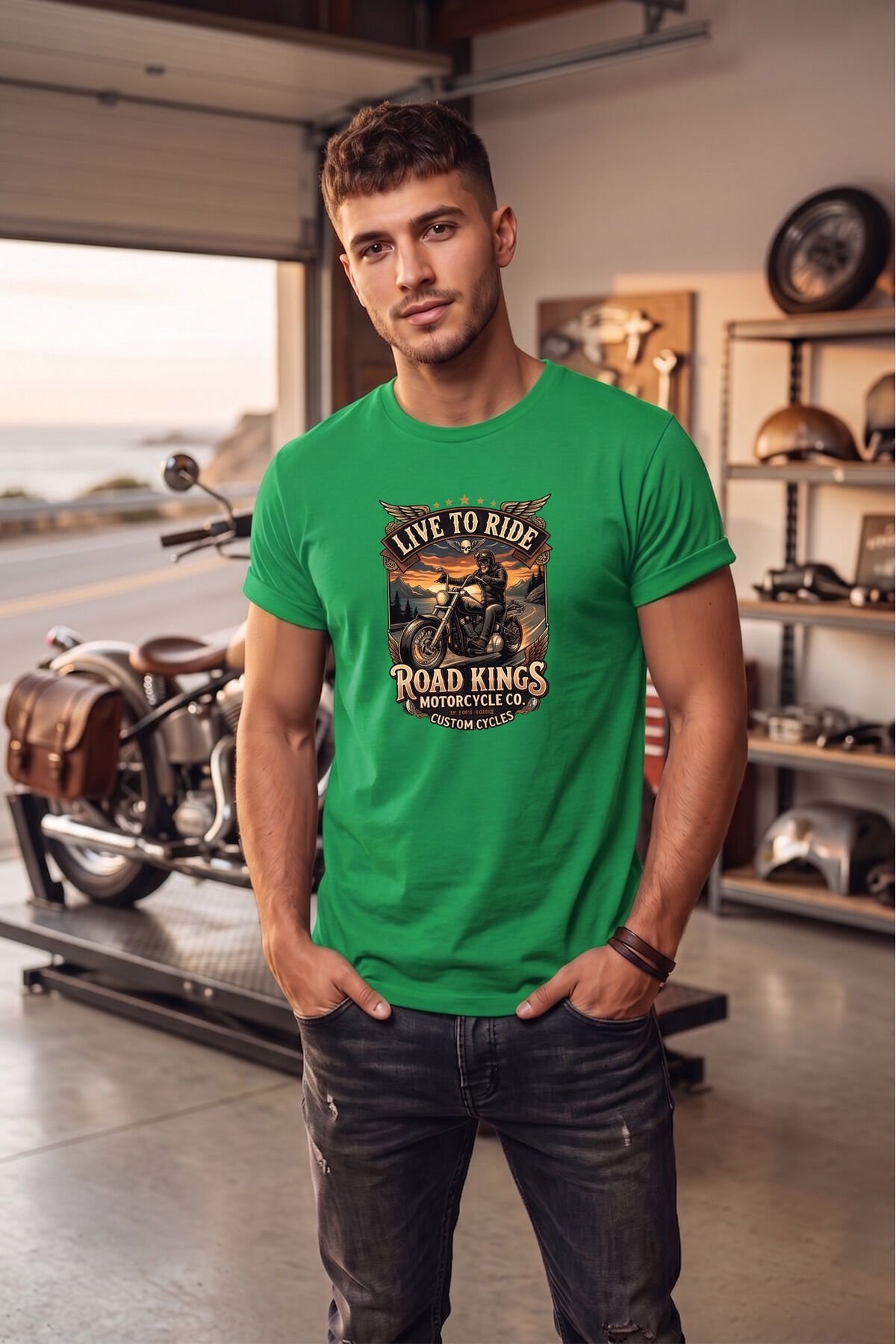 Unisex Vintage Road Kings Motosiklet Baskılı Özel Tasarım %100 Pamuklu Bisiklet Yaka Tişört T-shirt Yeşil - L