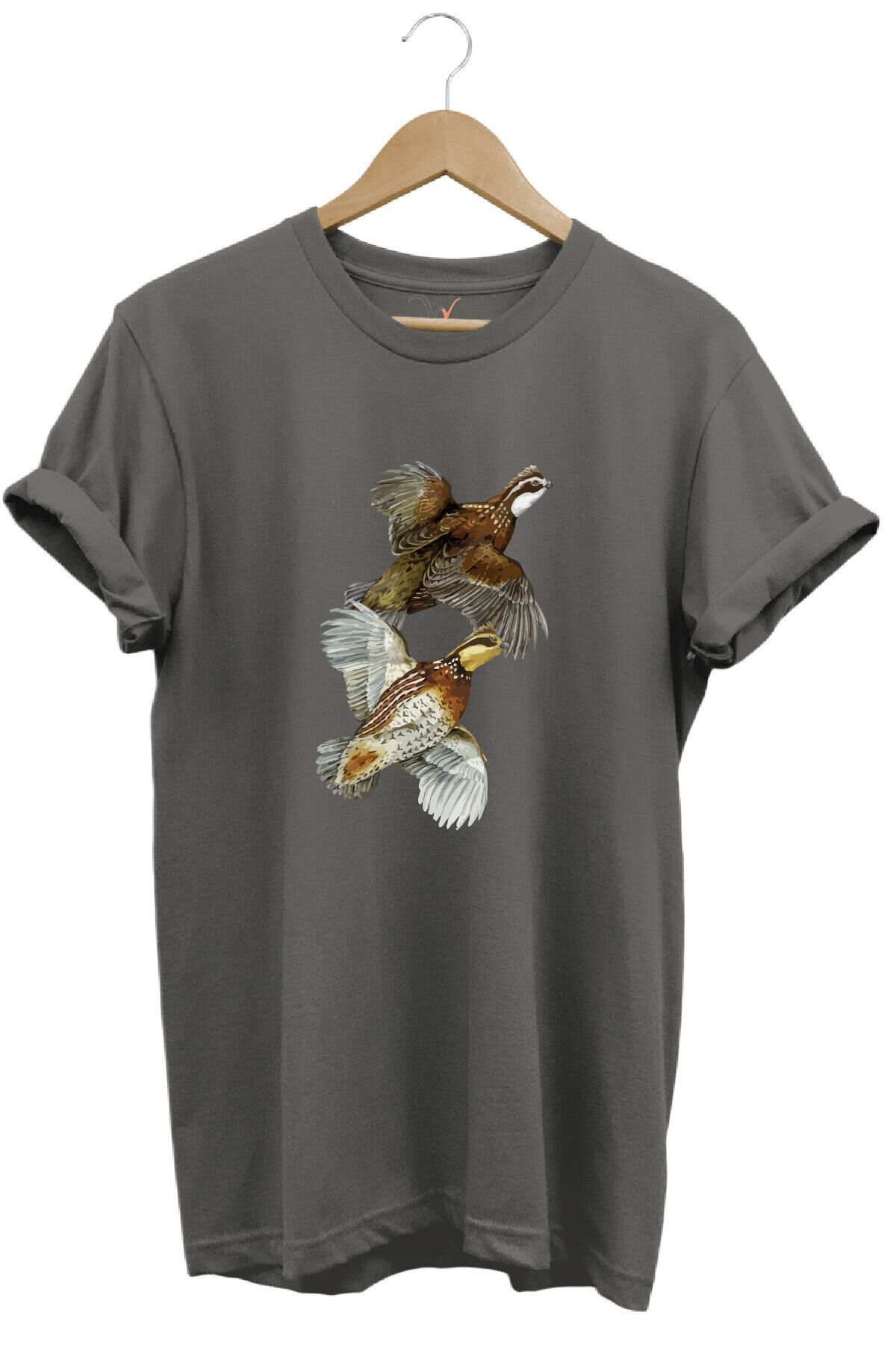Avcılık Hunter Keklik Kuşları Tasarımlı %100 Pamuk Regular Fit Kırmızı T-shirt Antrasit Gri - XL