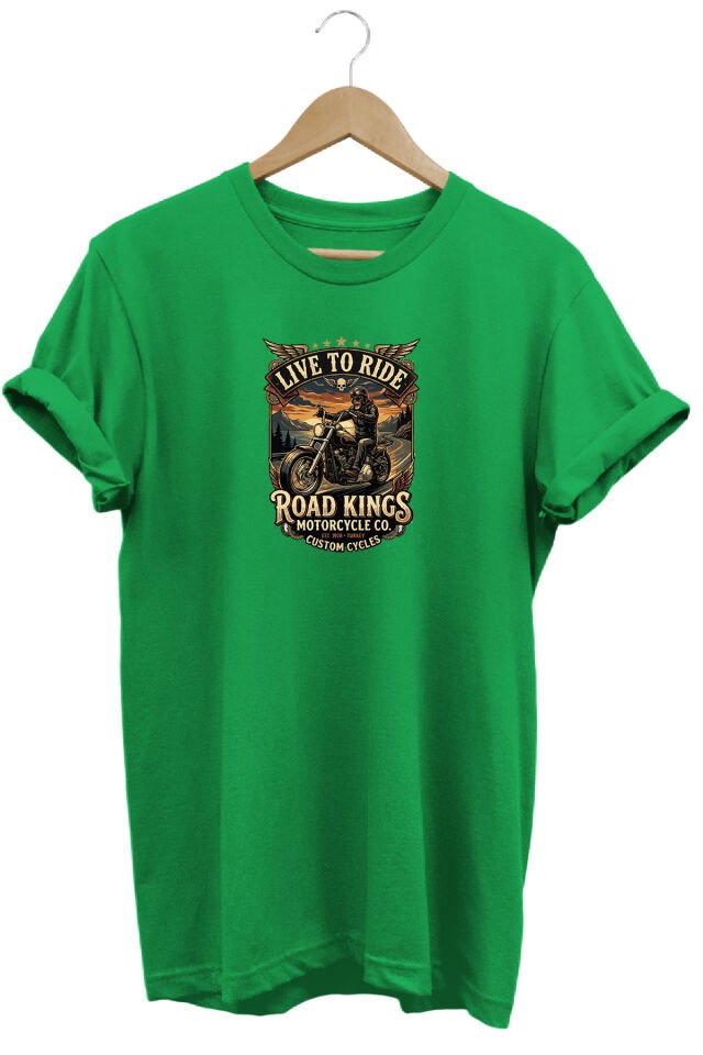 Unisex Vintage Road Kings Motosiklet Baskılı Özel Tasarım %100 Pamuklu Bisiklet Yaka Tişört T-shirt Yeşil - 3XL