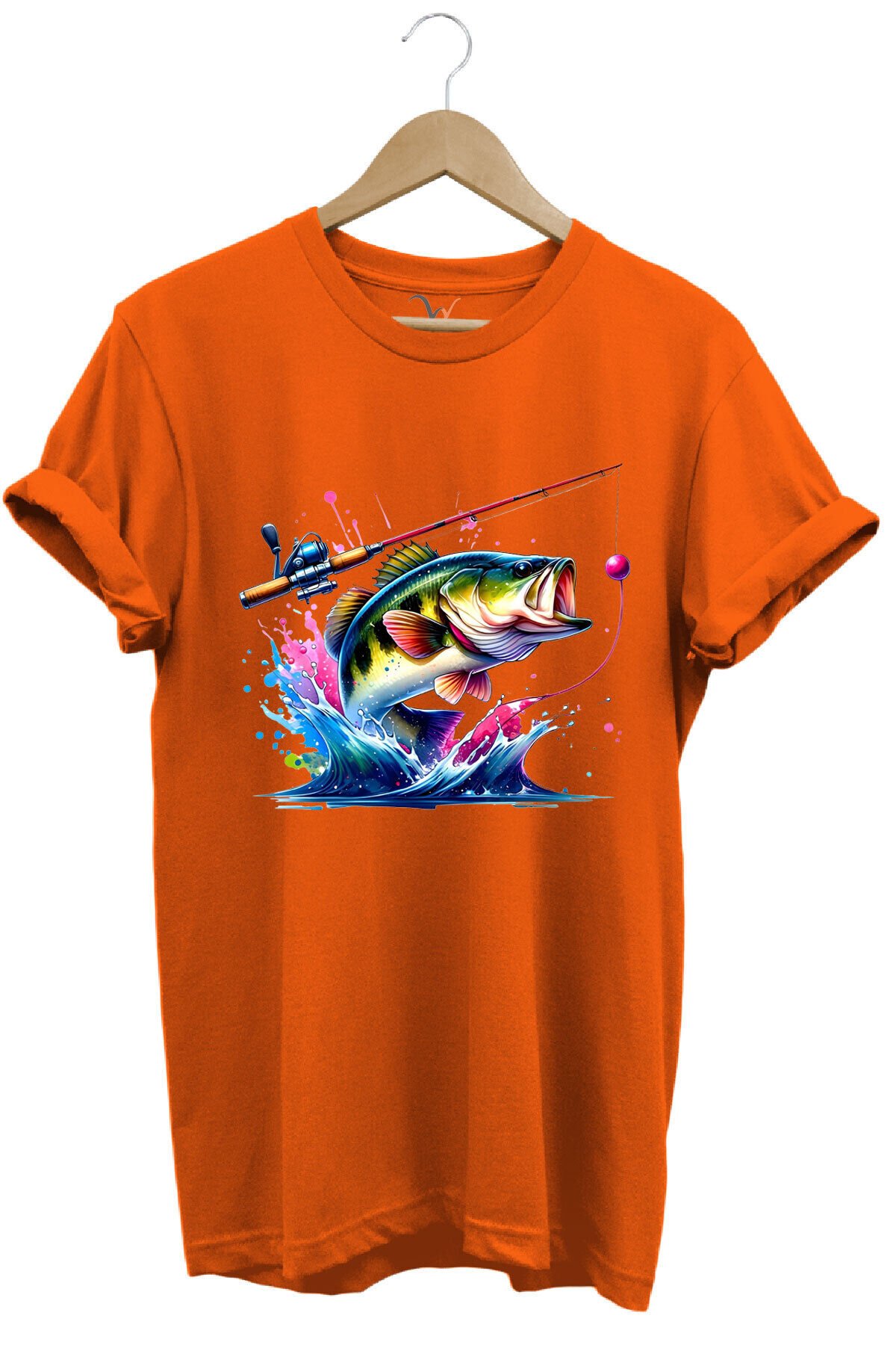 Fishing Balıkçılık Renkli Levrek Balığı Baskılı Avcılık %100 Pamuk Regular Fit Unisex T-Shirt Turuncu - S