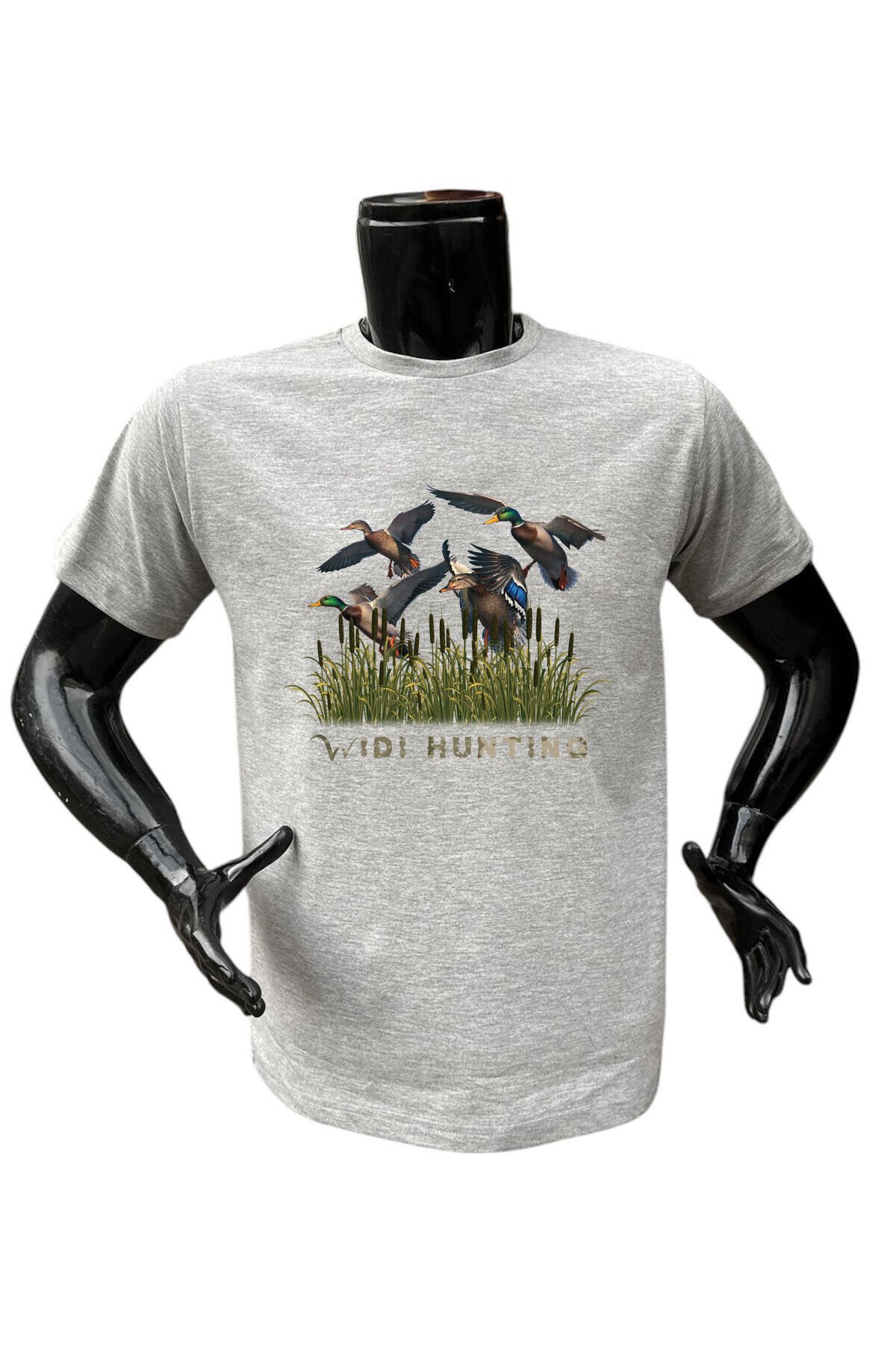Avcılık Ördek Avı Baskılı Ördekler Ve Sazlık %100 Pamuk Regular Fit Bisiklet Yaka Gri T-shirt Gri - L