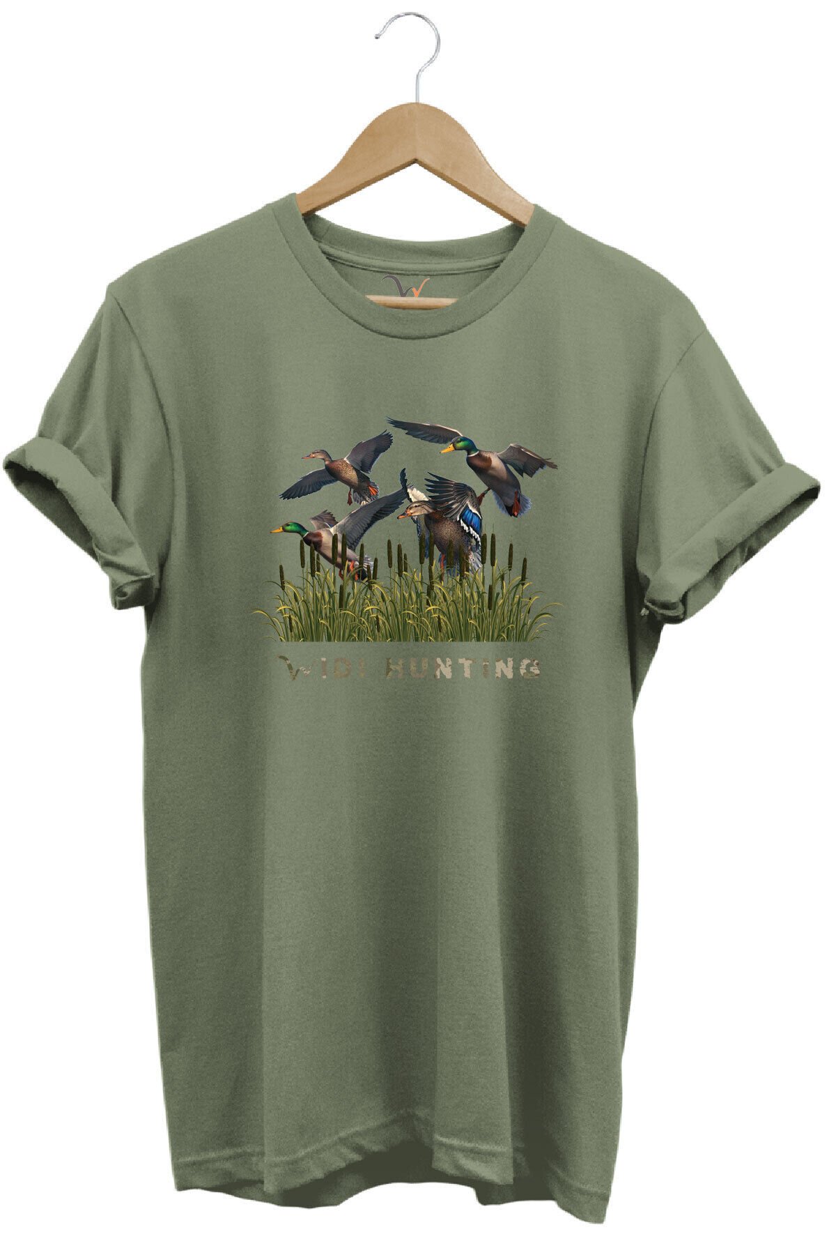 Widi Hunting Avcılık Ördek Avı Baskılı %100 Pamuk Regular Fit Bisiklet Yaka Mavi T-shirt Haki - M
