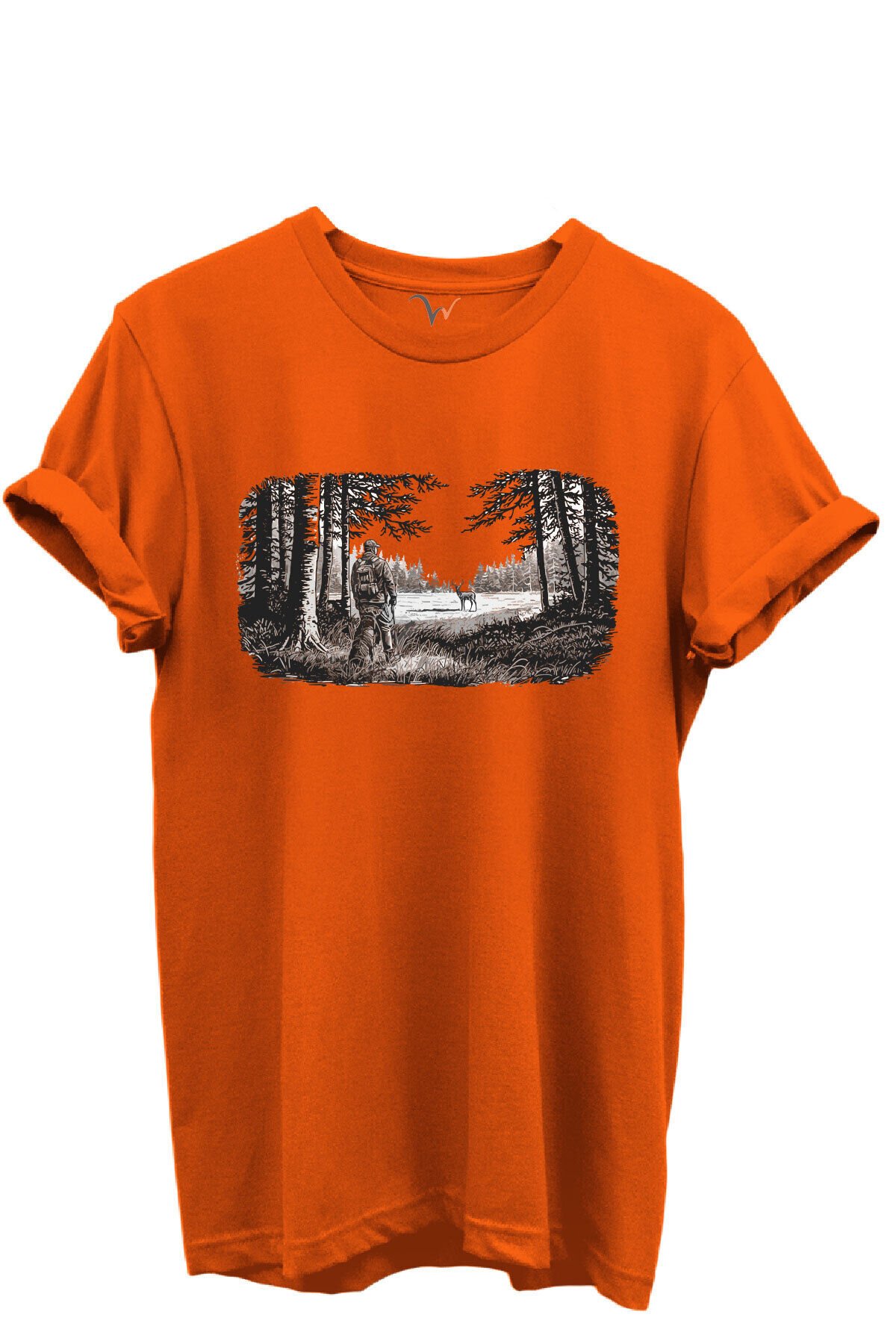 Avcı ve Geyik Orman Manzarası Çizim Baskılı %100 Pamuk Regular Fit Bisiklet Yaka Unisex T-shirt Turuncu - M