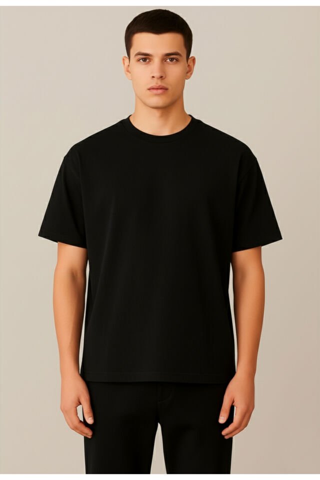Oversize %100 Pamuk Rahat ve Geniş Kalıp Bisiklet Yaka Unisex Siyah T-Shirt Siyah - S