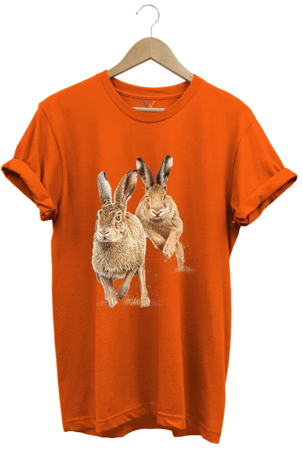 Avcılık Hunter Tavşan Avı Baskılı %100 Pamuk Regular Fit Lacivert T-shirt Turuncu - M