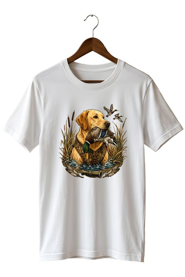 Erkek Labrador Ördek Avı Baskılı T-Shirt – Avcı Köpeği Outdoor Temalı Bisiklet Yaka Kısa Kollu