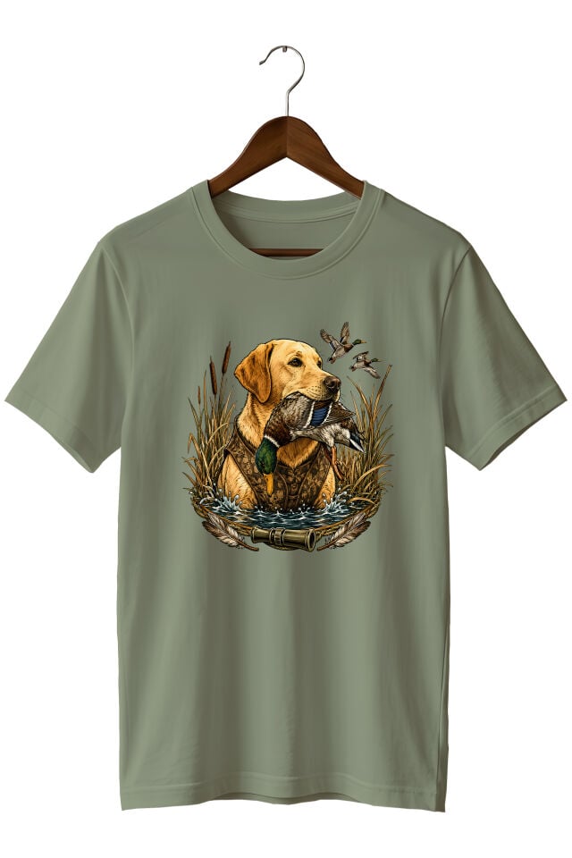 Erkek Labrador Ördek Avı Baskılı T-Shirt – Avcı Köpeği Outdoor Temalı Bisiklet Yaka Kısa Kollu