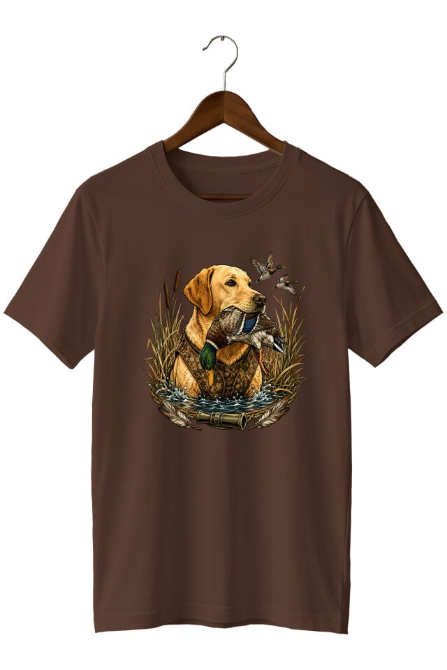 Erkek Labrador Ördek Avı Baskılı T-Shirt – Avcı Köpeği Outdoor Temalı Bisiklet Yaka Kısa Kollu