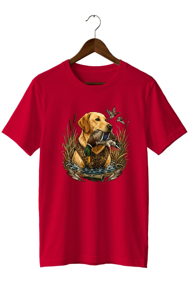 Erkek Labrador Ördek Avı Baskılı T-Shirt – Avcı Köpeği Outdoor Temalı Bisiklet Yaka Kısa Kollu