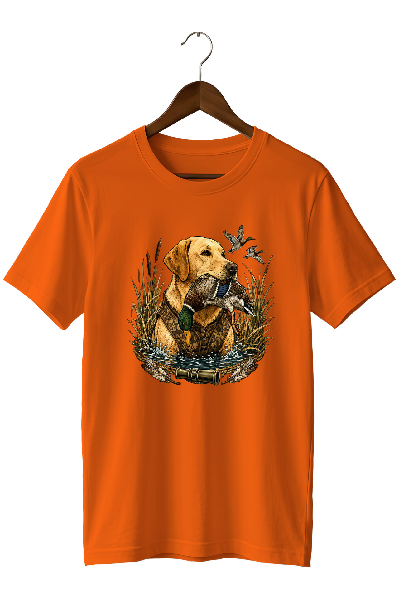 Erkek Labrador Ördek Avı Baskılı T-Shirt – Avcı Köpeği Outdoor Temalı Bisiklet Yaka Kısa Kollu