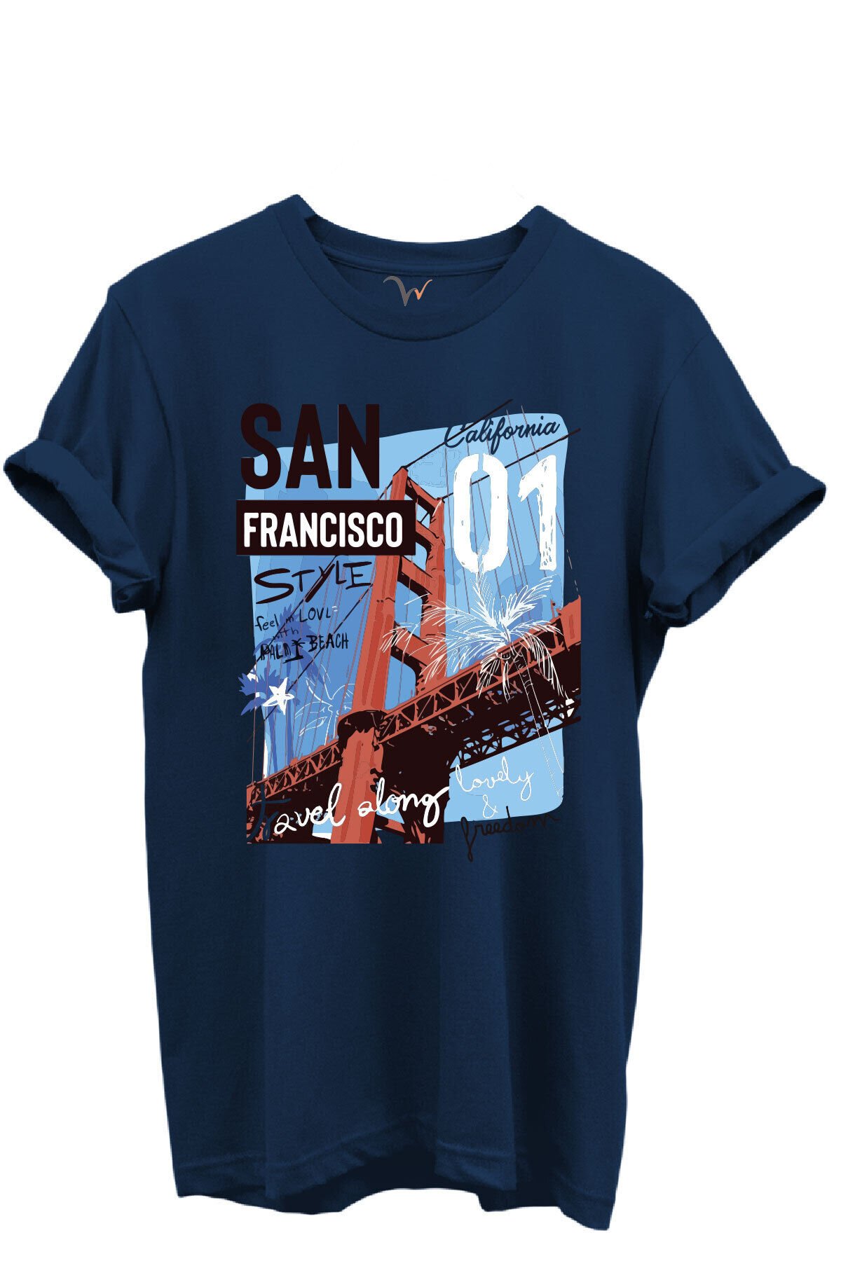 San Francisco California Yazılı Golden Gate Köprüsü Baskılı %100 Pamuk Regular Fit Unisex T-Shirt Lacivert - XL