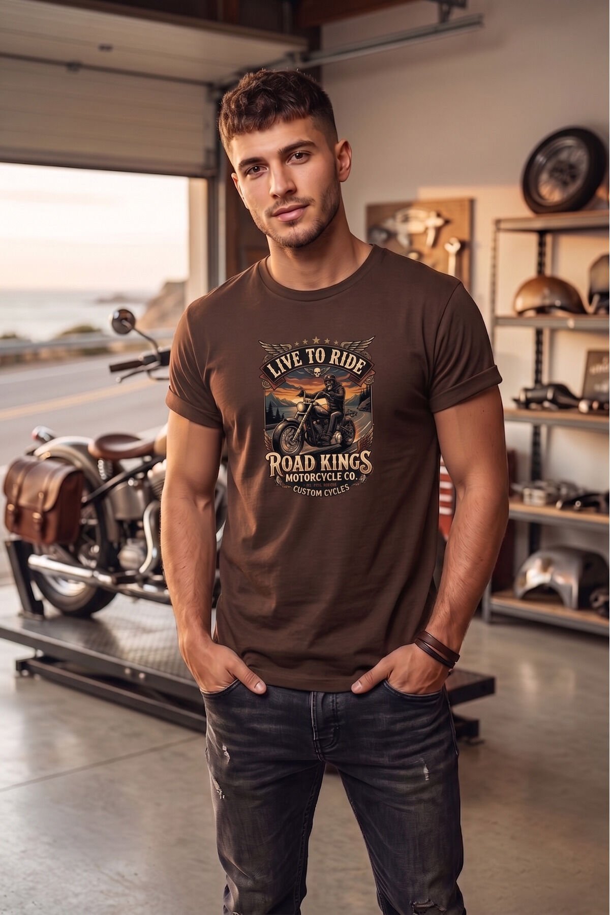 Unisex Vintage Road Kings Motosiklet Baskılı Özel Tasarım %100 Pamuklu Bisiklet Yaka Tişört T-shirt Kahverengi - XL