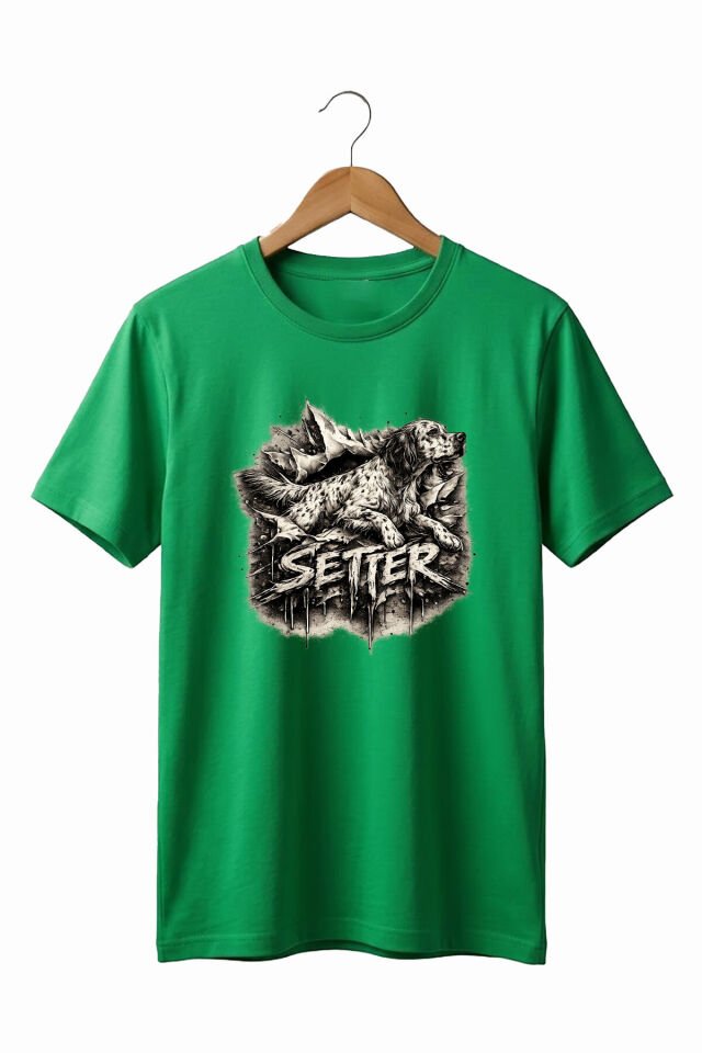 Unisex English Setter Köpek Baskılı Özel Tasarım Hunting Doğa %100 Pamuk Basic T-Shirt Yeşil - 3XL