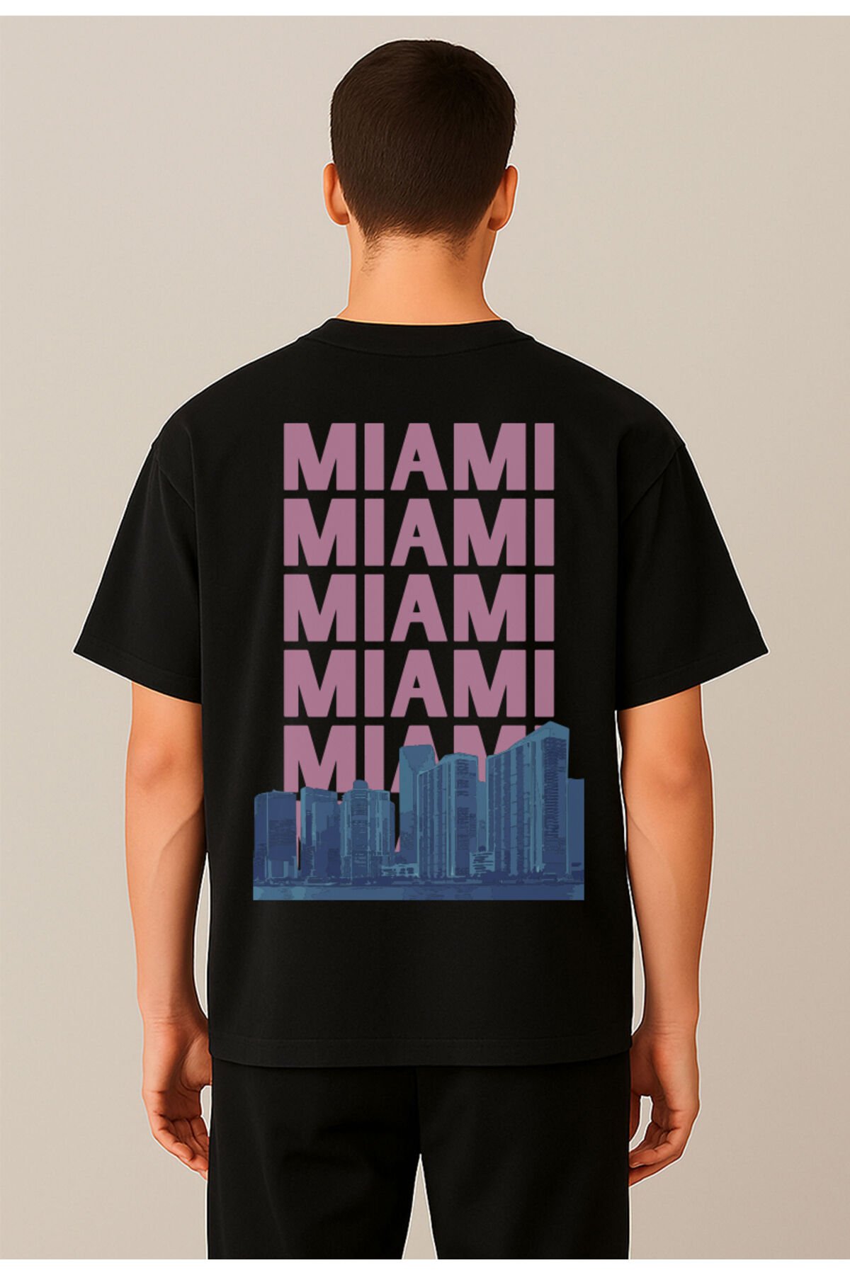 Miami Baskılı ''Flight to Miami'' Yazılı Oversize %100 Pamuk Unisex Siyah T-Shirt Siyah - 3XL