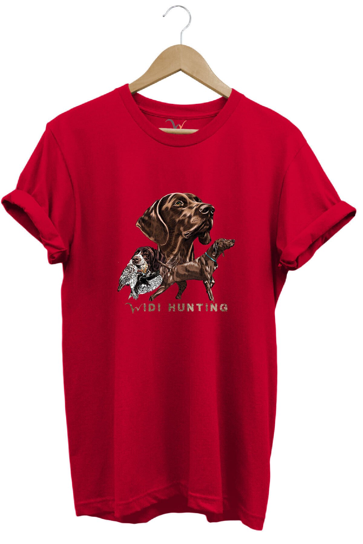 Avcılık Hunter Kurzhaar Av Köpeği ve Çulluk Baskılı %100 Pamuk Regular Fit Unisex T-Shirt Kırmızı - S
