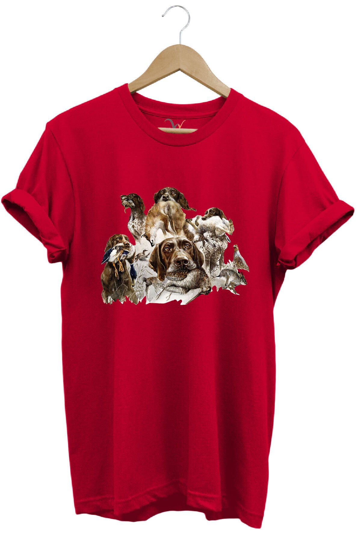 Av Köpekleri ve Kuş Temalı %100 Pamuk Unisex Regular Fit T-Shirt Kırmızı - S
