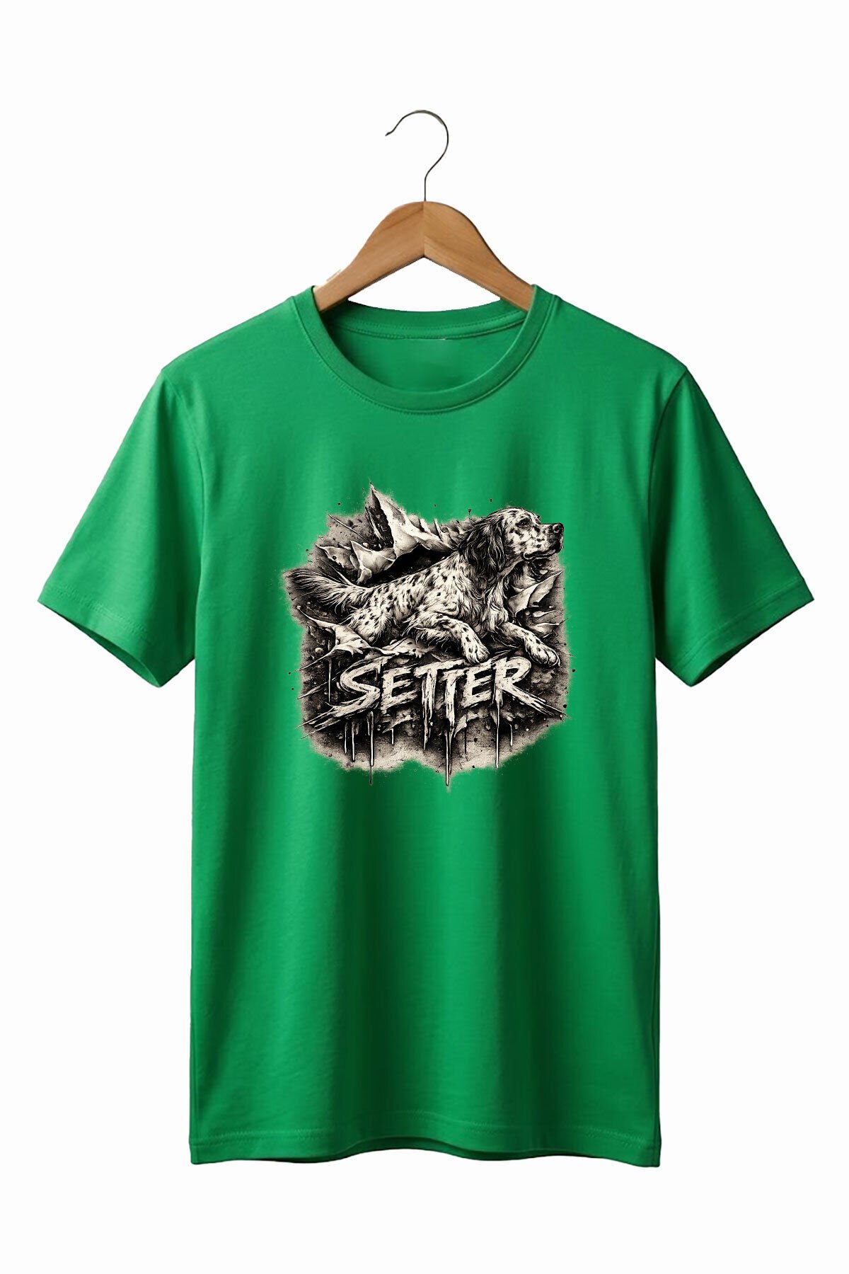 Unisex English Setter Köpek Baskılı Özel Tasarım Hunting Doğa %100 Pamuk Basic T-Shirt Yeşil - XL